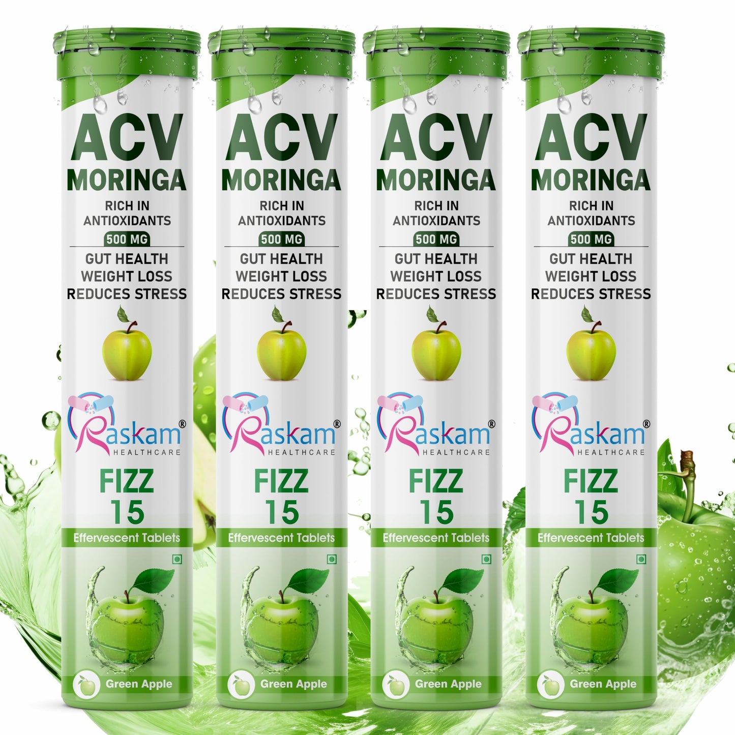 Raskam ACV Moringa 15 Effervescent Tablets | Green Apple Flavor 500mg | Boost Energy & Immunity Naturally with Antioxidants | Controls Cravings (4 Packs of 15 Tablets Each)