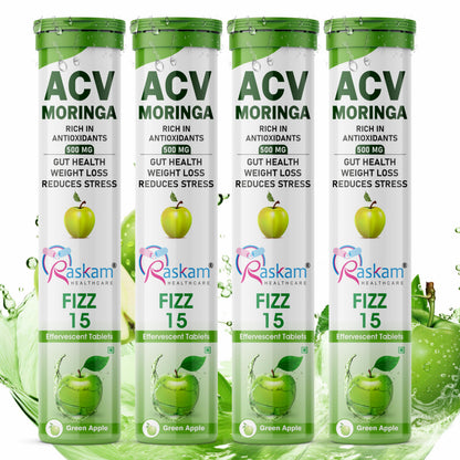Raskam ACV Moringa 15 Effervescent Tablets | Green Apple Flavor 500mg | Boost Energy & Immunity Naturally with Antioxidants | Controls Cravings (4 Packs of 15 Tablets Each)