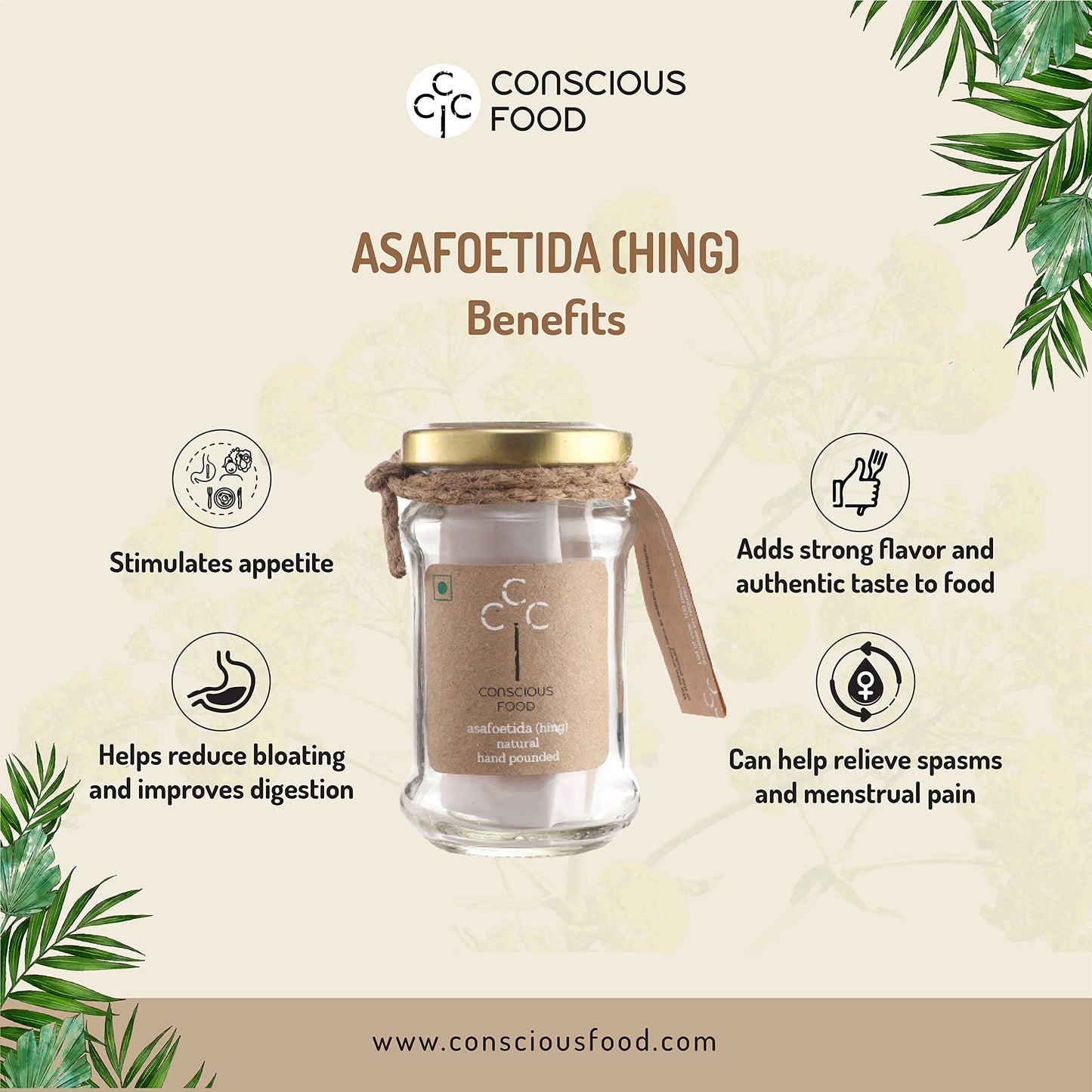 Conscious Food Asafoetida | 100% Pure Hing | Non Compounded | 10g | Extra Strong & Hand Pounded