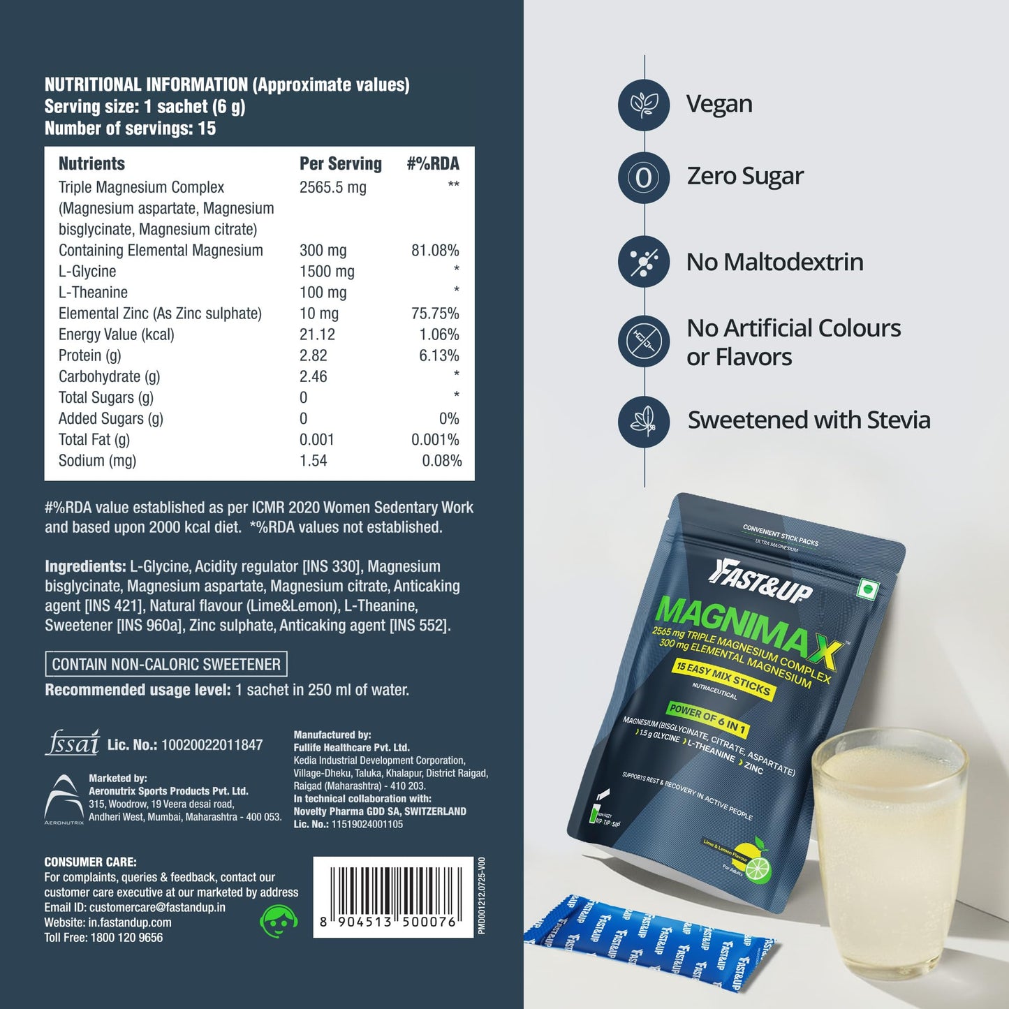 Fast&Up Magnimax - Triple Magnesium Bisglycinate, Citrate, Aspartate | L-Glycine, L-Theanine, Zinc | Power of 6-in-1 | Lime & Lemon Flavour – 15 stick packs in a Pouch