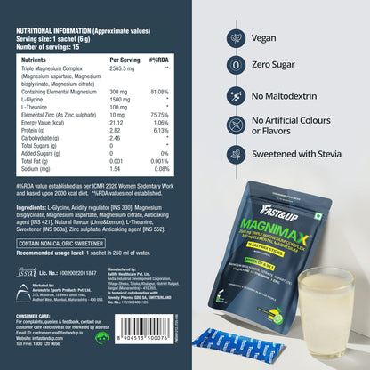 Fast&Up Magnimax - Triple Magnesium Bisglycinate, Citrate, Aspartate | L-Glycine, L-Theanine, Zinc | Power of 6-in-1 | Lime & Lemon Flavour – 15 stick packs in a Pouch