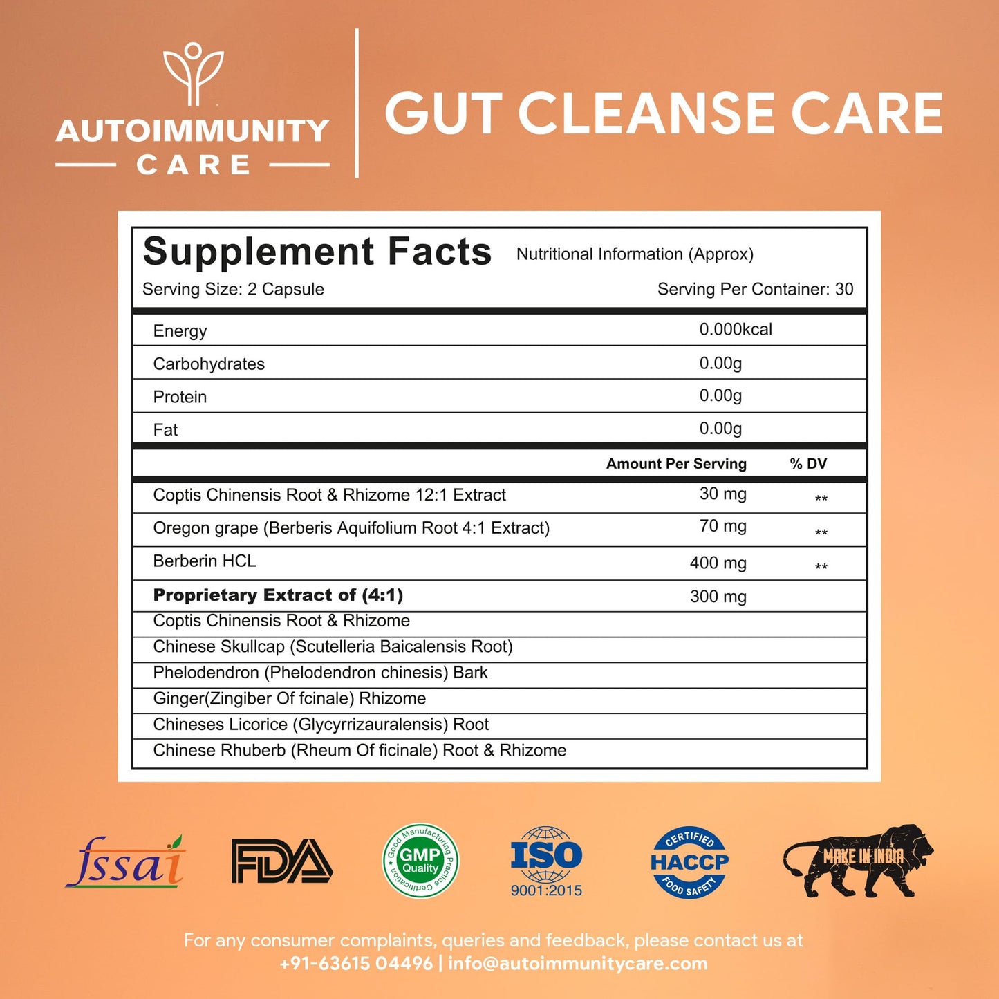 Autoimmunity Care Gut Cleanse | Berberine HCL & Herbal Blend for Gut Health, Sugar Control, Immunity, Liver Detox & Metabolism Support | 60 Capsules