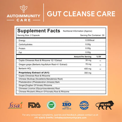 Autoimmunity Care Gut Cleanse | Berberine HCL & Herbal Blend for Gut Health, Sugar Control, Immunity, Liver Detox & Metabolism Support | 60 Capsules