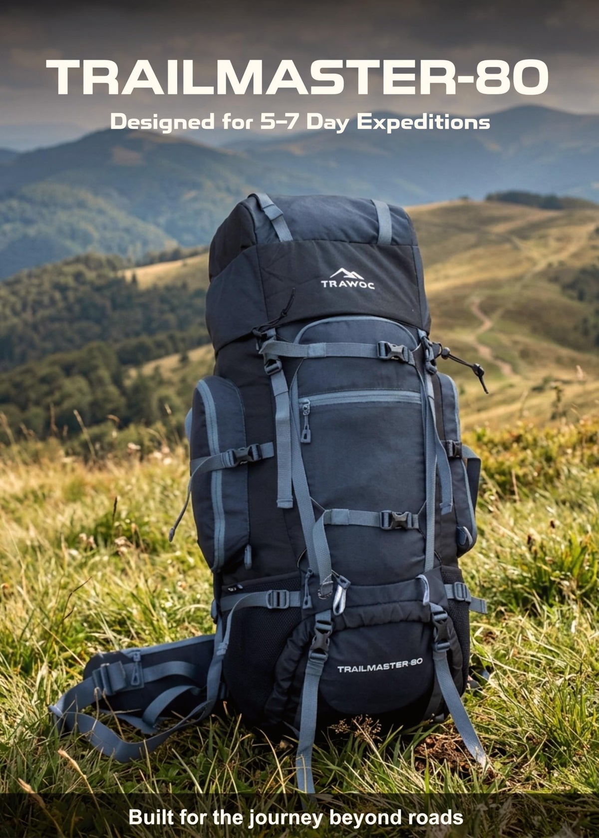 TRAWOC TRAILMASTER 80L Rucksack Bag for Men & Women, Large Water Resistant Trekking Hiking Bag Travel Backpack, Grey, 3 Year Warranty