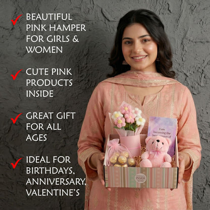 Diwali Pink Gift Basket Set for Women – Gift Box with Teddy Bear, Crochet Flower Bouquet, Chocolates & Inspirational Card, Diwali Gift for Wife, Girlfriend, Mom, Sister, Behen, Cousin & Loved Ones