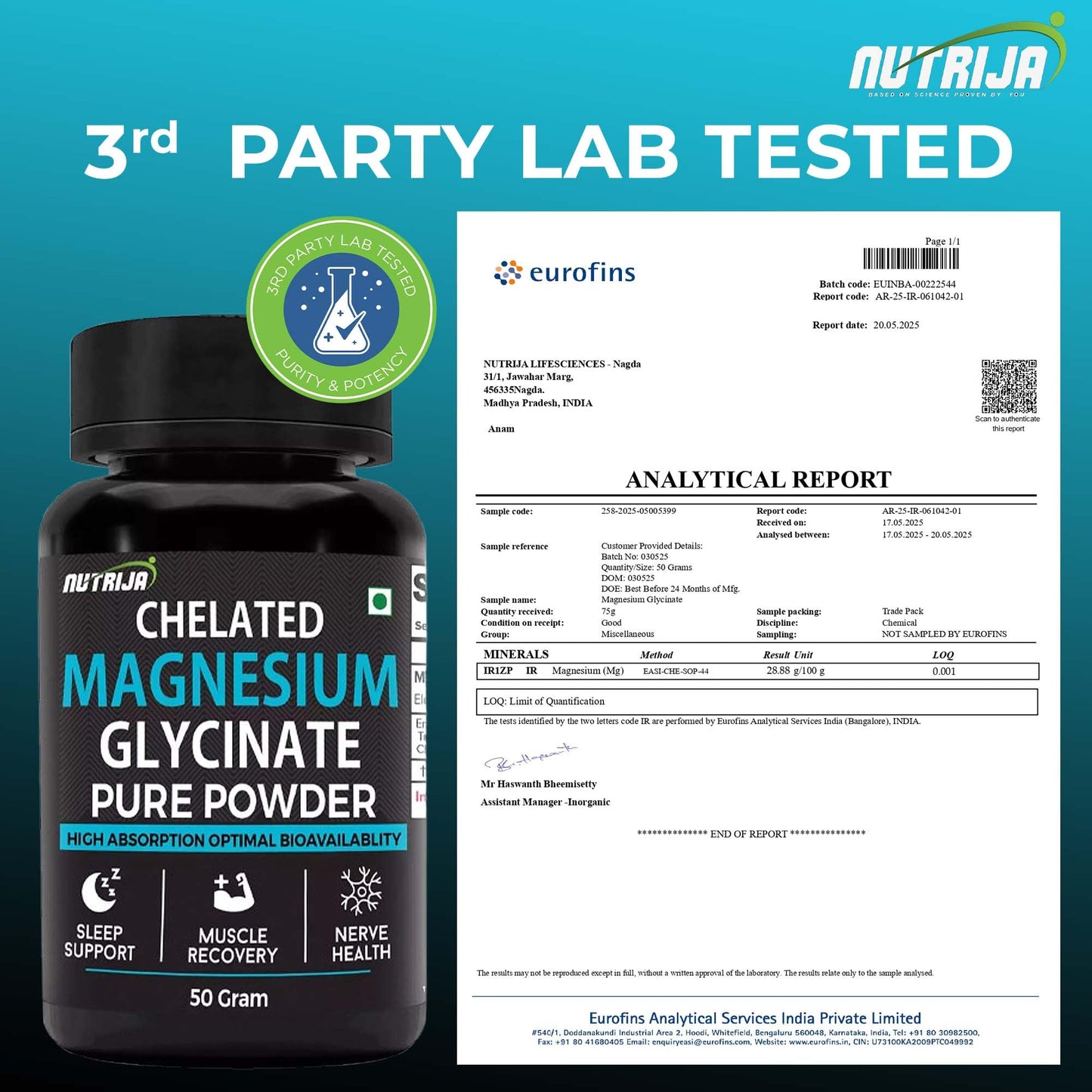 NutriJa Magnesium Glycinate Chelated Pure Powder - 50 Gram | Supports Sleep, Recovery, Nerve Function, Muscle Health (50 gram) (Pack of 1)