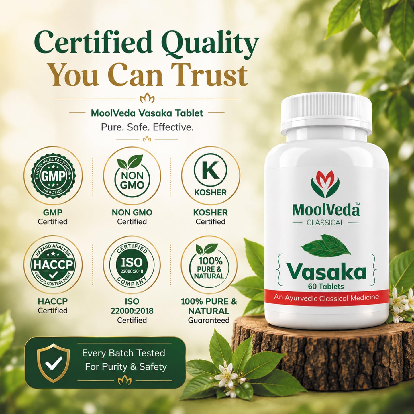 Moolveda Vasaka Tablets 60 Veg Tablets | Ayurvedic Herbal Supplement for Cold & Cough Support | Supports Respiratory Health & Healthy Breathing | With Vasaka (Adhatoda Vasica) Extract