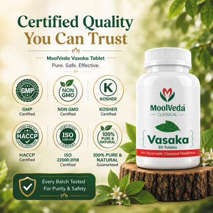 Moolveda Vasaka Tablets 60 Veg Tablets | Ayurvedic Herbal Supplement for Cold & Cough Support | Supports Respiratory Health & Healthy Breathing | With Vasaka (Adhatoda Vasica) Extract