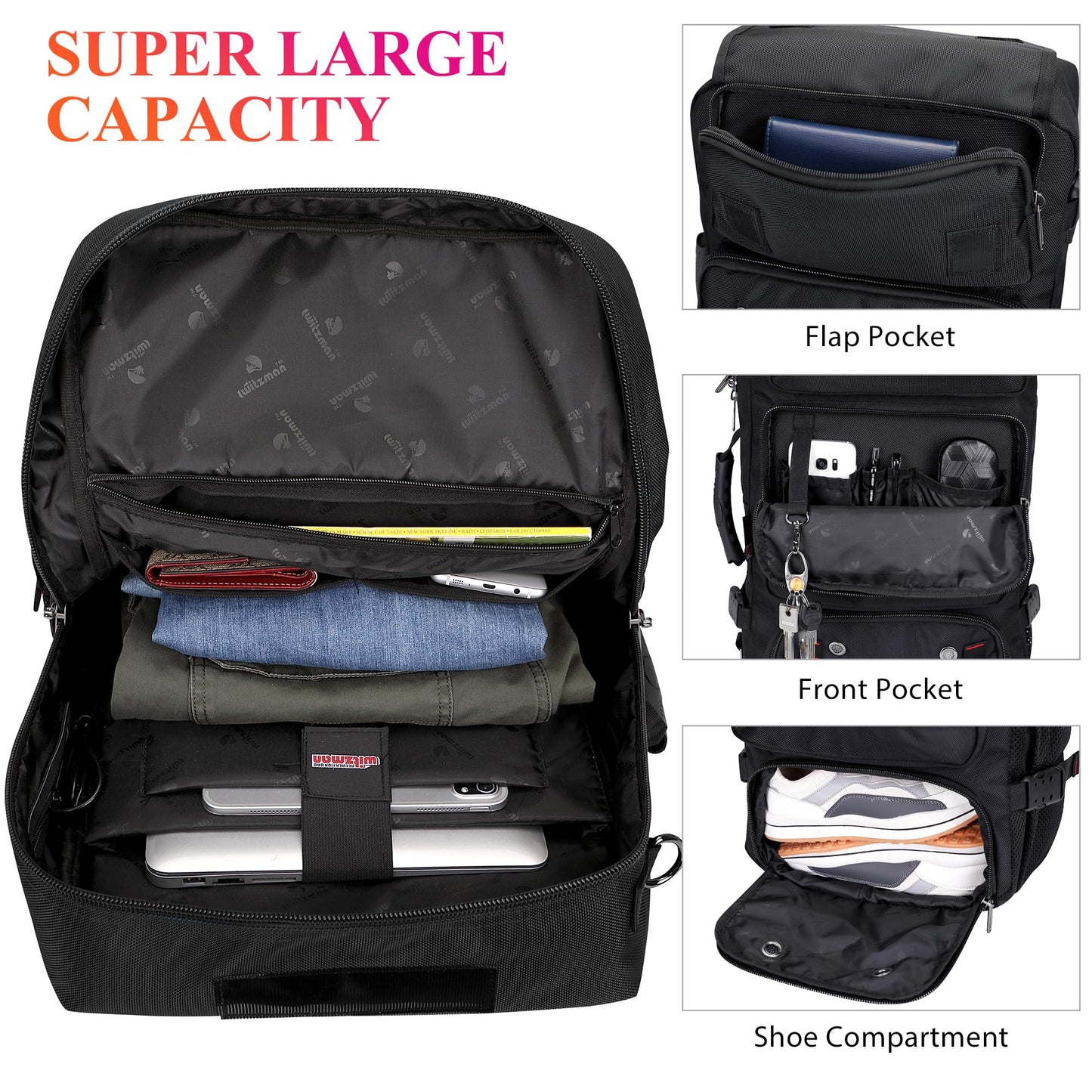 WITZMAN Carry on Travel Backpack for Men Airline Approved Convertible Nylon Luggage Backpack (B682 Balck)