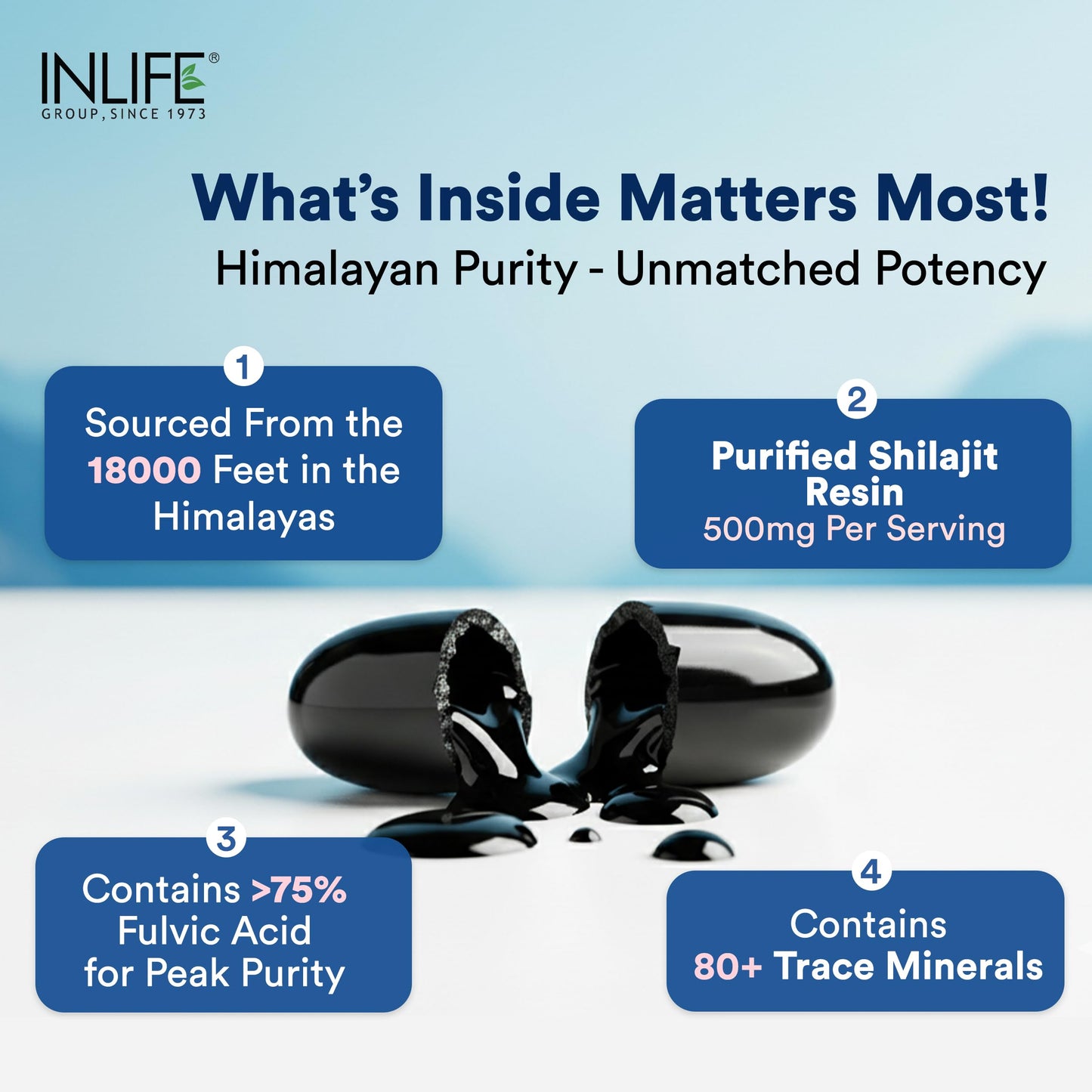 INLIFE Shilajit Resin 250mg, Himalayan Sourced 18000 ft, >75% Fulvic Acid 80+ Trace Minerals, Adaptogen Stamina Energy & Vitality, 60 Softgels