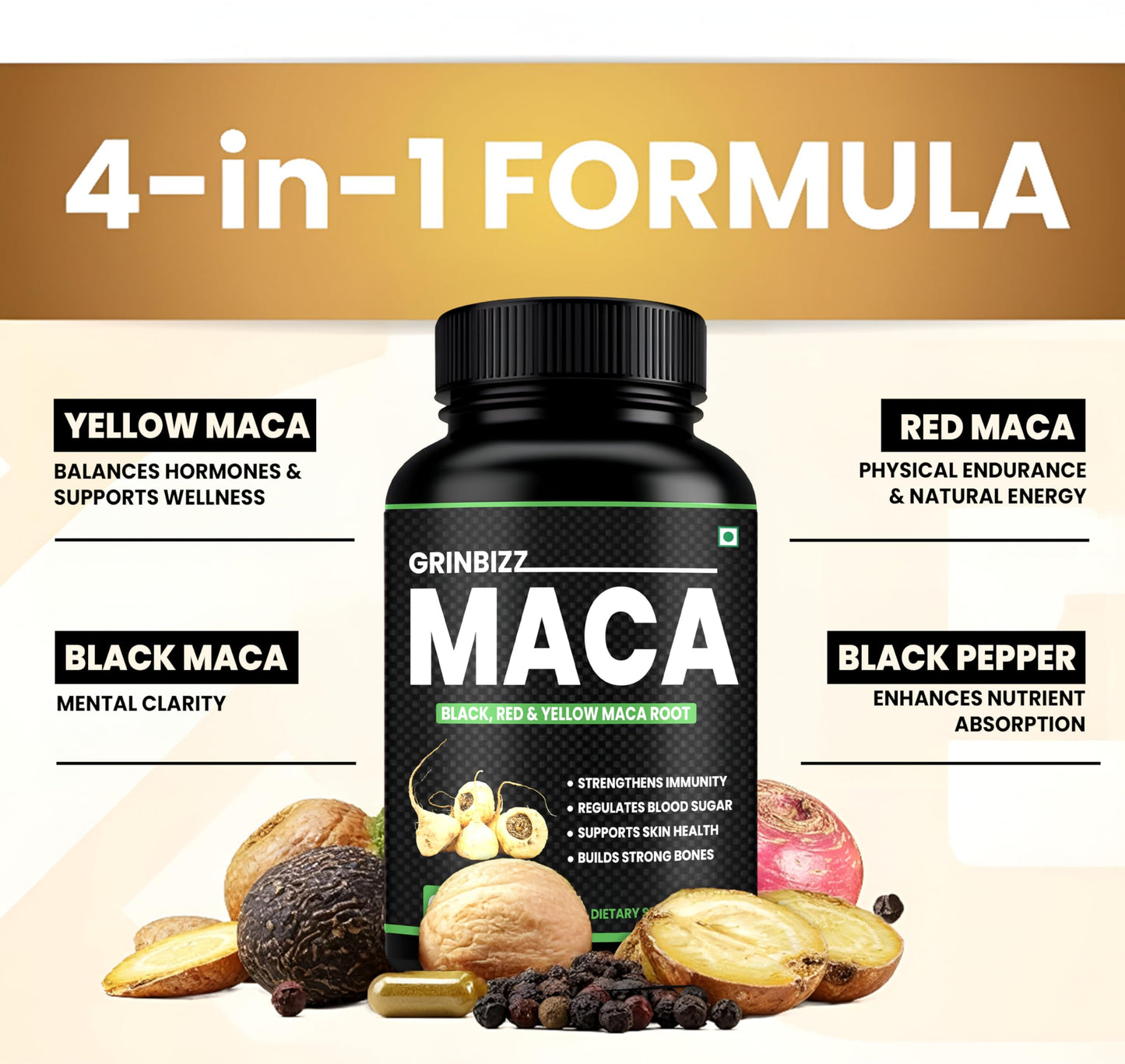 Grinbizz Maca Root Capsules | Black, Red & Yellow Maca Extract | Supports Energy, Stamina, Hormonal Balance & Immunity | Herbal Natural Supplement | 60 Vegan Capsules
