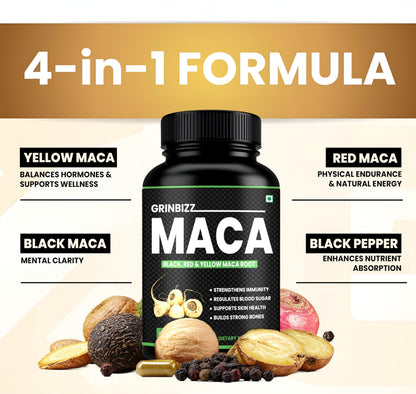 Grinbizz Maca Root Capsules | Black, Red & Yellow Maca Extract | Supports Energy, Stamina, Hormonal Balance & Immunity | Herbal Natural Supplement | 60 Vegan Capsules