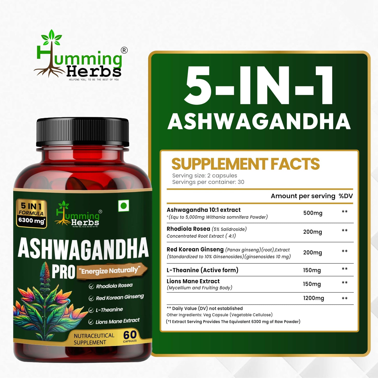 Humming Herbs Ashwagandha Pro - High Potency Adaptogen Blend with Rhodiola Rosea, Red Korean Ginseng, L-Theanine, & Lion's Mane - Natural Stress Relief & Cognitive Support(60 Caps)