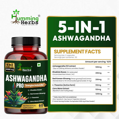 Humming Herbs Ashwagandha Pro - High Potency Adaptogen Blend with Rhodiola Rosea, Red Korean Ginseng, L-Theanine, & Lion's Mane - Natural Stress Relief & Cognitive Support(60 Caps)