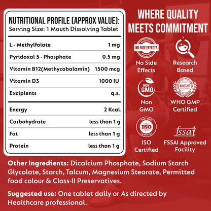 ABHEDA HEALTHCARE Vitamin B12 1500mcg Tablets - Fast Absorbing Mouth Dissolving Supplement - Delicious Mango Flavor - 90 Count - High Potency for Energy, Metabolism & Immune Support