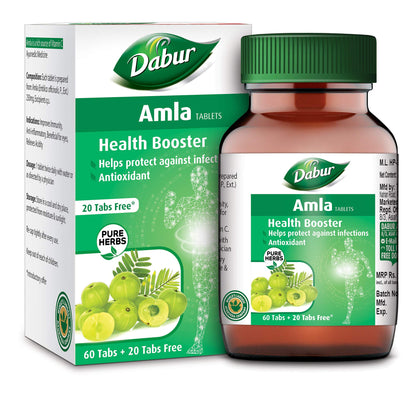 DABUR Amla Tablet - Health Booster | Rich in Antioxidants | Provides Protection against Infections | Pure herbs 60 tabs ( Get 20 tabs free)