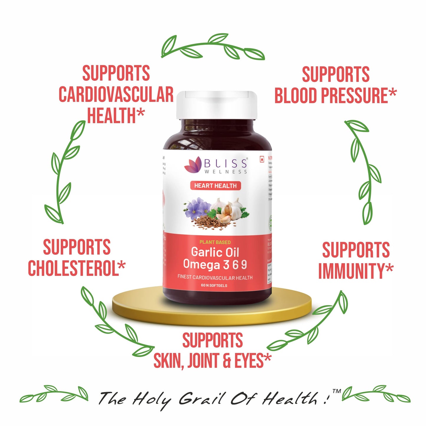 Bliss Welness Organic Garlic Oil + Omega 3 6 9 | Cholesterol & Lipid Profile Management Immunity Boost Heart Health Antioxidant | Cold Pressed Health Supplement - 60 Softgel Capsules