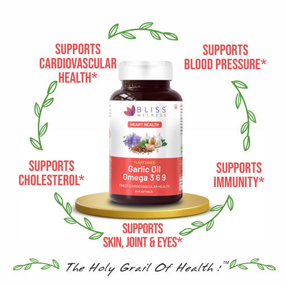 Bliss Welness Organic Garlic Oil + Omega 3 6 9 | Cholesterol & Lipid Profile Management Immunity Boost Heart Health Antioxidant | Cold Pressed Health Supplement - 60 Softgel Capsules