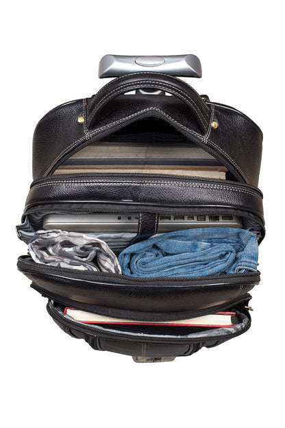 BRAND LEATHER Rolling Backpack Wheeled Laptop Backpack for Travel, Carryon Trolley Luggage Suitcase Compact Business Bag Student Laptop Bag for Men Women (BLACK)