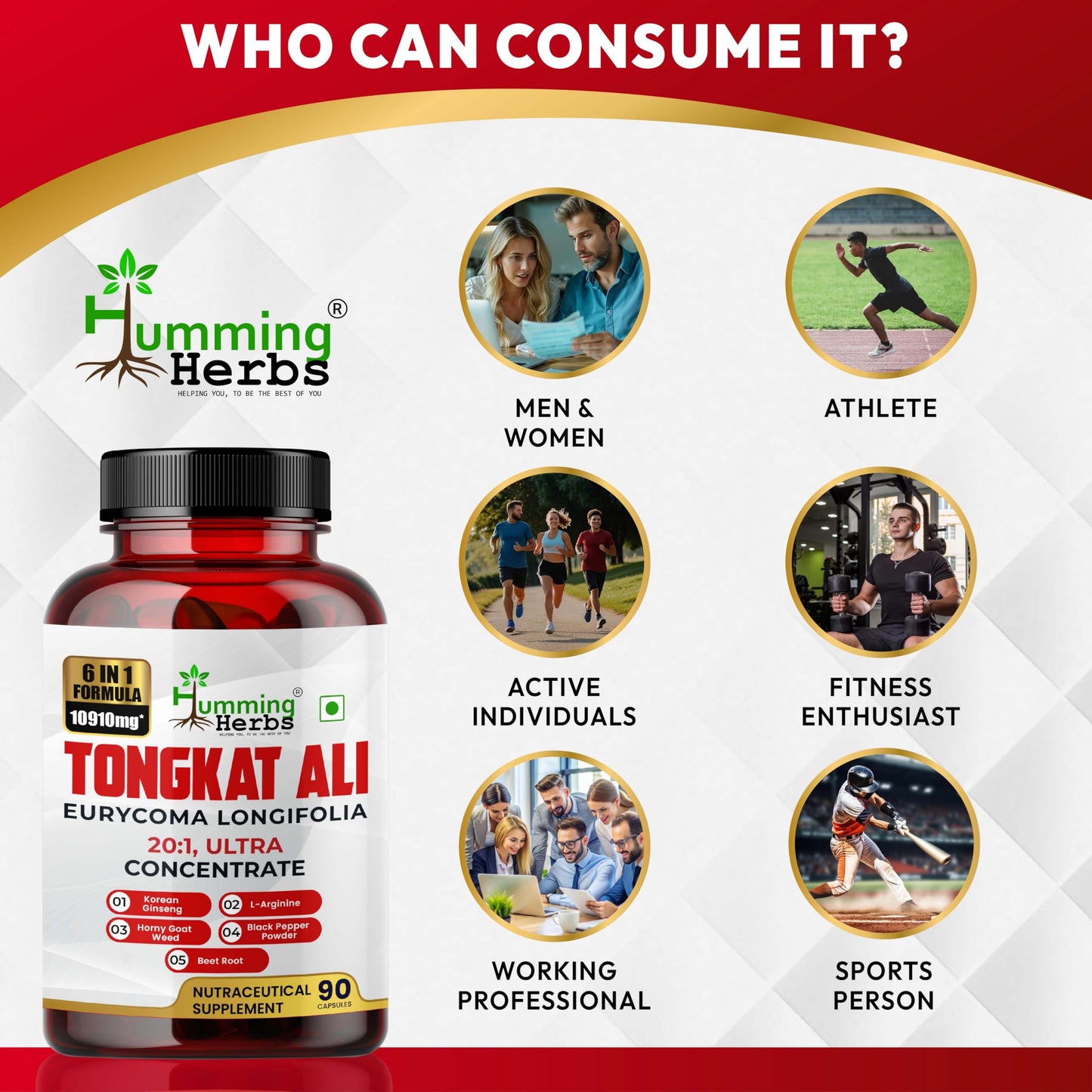 Humming Herbs Tongkat Ali Eurycoma Longifolia 6-in-1 Blend with Korean Ginseng, Horny Goat Weed, L-Arginine, Black Pepper Powder, and Beet Root for Men's Health