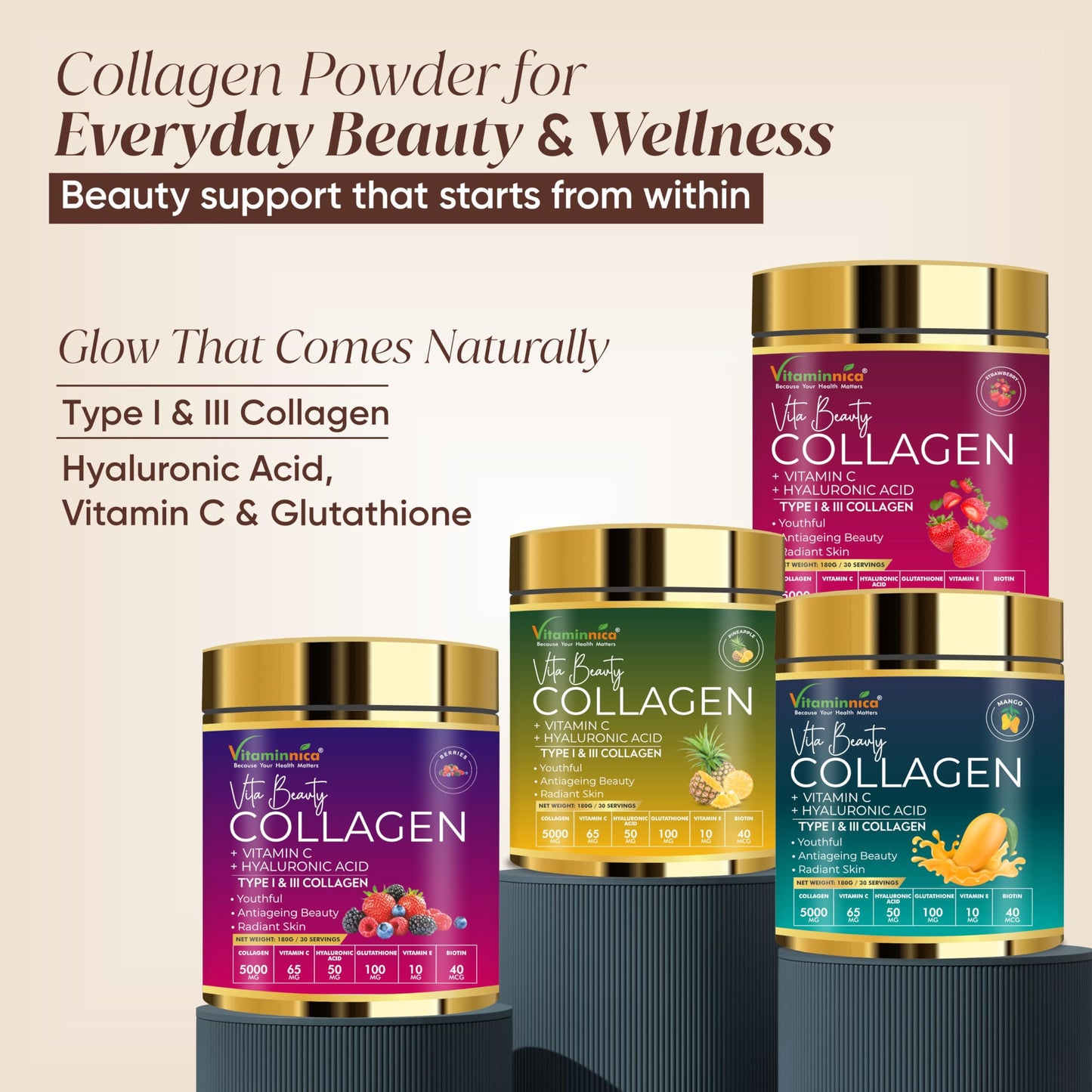 Vitaminnica Vita Beauty Collagen Type I & III Powder | With Hyaluronic Acid, Vitamin C, Biotin, Zinc, Vitamin E & Glutathione | Skin Glow, Anti-Ageing, Hair Growth & Joint Support | Premium Hydrolysed Collagen Supplement | 30 servings (Strawberry)