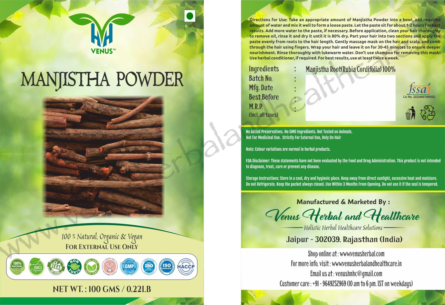 VENUS Unisex Manjistha Powder For Hair Care | Natural - 100% Ground Rubia Cordifolia Roots (100 Grams)