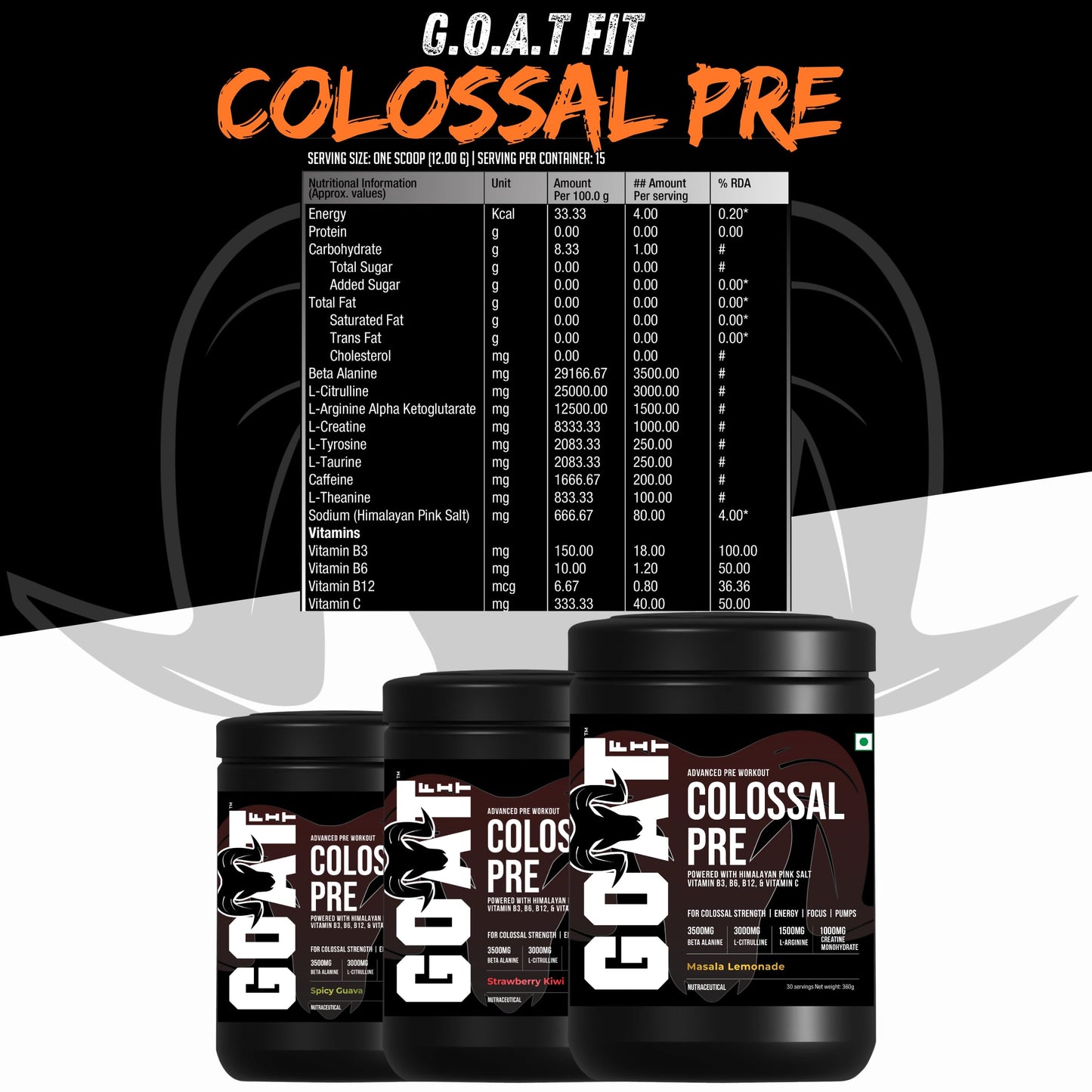 GOAT Fit Colossal Pre | PreWorkout Powder 200mg Caffeine 3.5g Beta-Alanine 3g Citrulline 1.5g Arginine 1g Creatine with Himalayan Pink Salt (12gm Single Serving, Masala Lemonade)