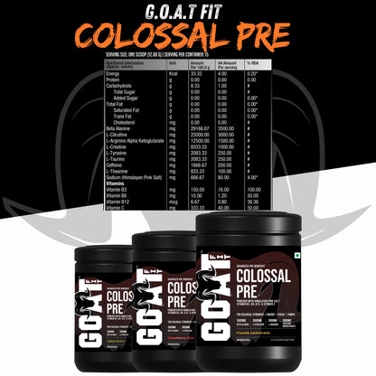 GOAT Fit Colossal Pre | PreWorkout Powder 200mg Caffeine 3.5g Beta-Alanine 3g Citrulline 1.5g Arginine 1g Creatine with Himalayan Pink Salt (12gm Single Serving, Masala Lemonade)