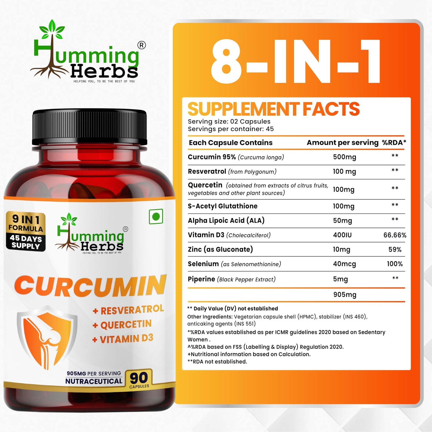 Humming Herbs Curcumin 905mg with Resveratrol, Quercetin, Vitamin D3, Zinc, Alpha Lipoic Acid & Piperine | 9-in-1 Herbal & Nutrient Blend | 90 Veg Capsules | 45 Days Supply