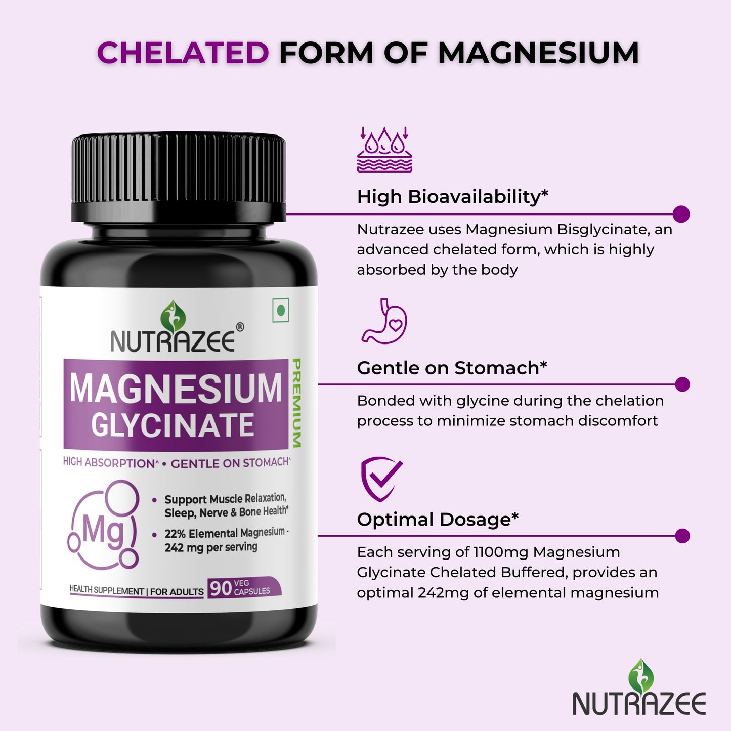 Nutrazee Magnesium Glycinate Supplement Chelated High Absorption for Muscle Recovery, Sleep & Nerve Health, for Men & Women, 90 Capsules