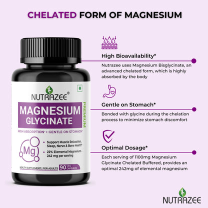 Nutrazee Magnesium Glycinate Supplement Chelated High Absorption for Muscle Recovery, Sleep & Nerve Health, for Men & Women, 90 Capsules