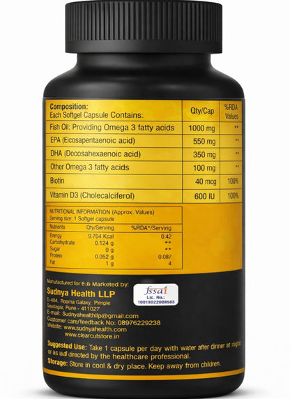 ClearCut Triple strength Omega 3 fish oil capsules | Biotin| Vitamin D3 for men women Heart Hair Skin