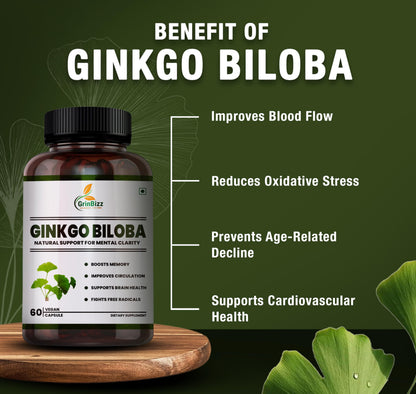 Grinbizz Ginkgo Biloba Capsules | Supports Memory, Focus & Brain Health | Improves Circulation & Mental Clarity | Antioxidant Herbal Supplement | 60 Capsules
