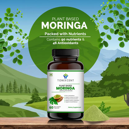 TONIXCENT Super Green Vitals Combo | Moringa 2000mg + Spirulina 2600mg Per Serving | 90 Nutrients, 46 Antioxidants | Immunity, Energy, Detox & Wellness Support | 2 x 60 Vegan Capsules