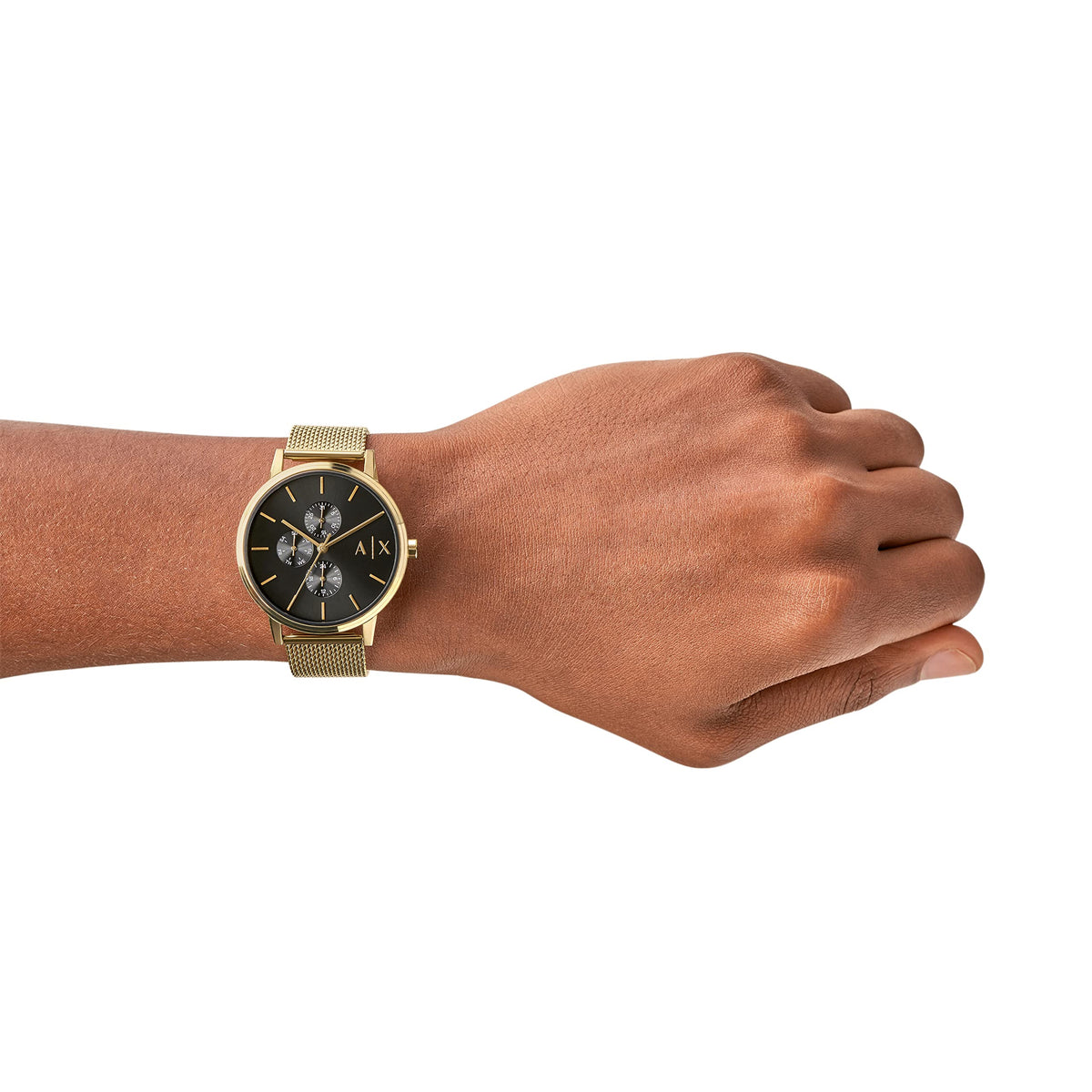 Armani Exchange Mens Stainless Steel Three Hand Dress Analog Watch, Black/Gold Mesh, Band Color:Gold