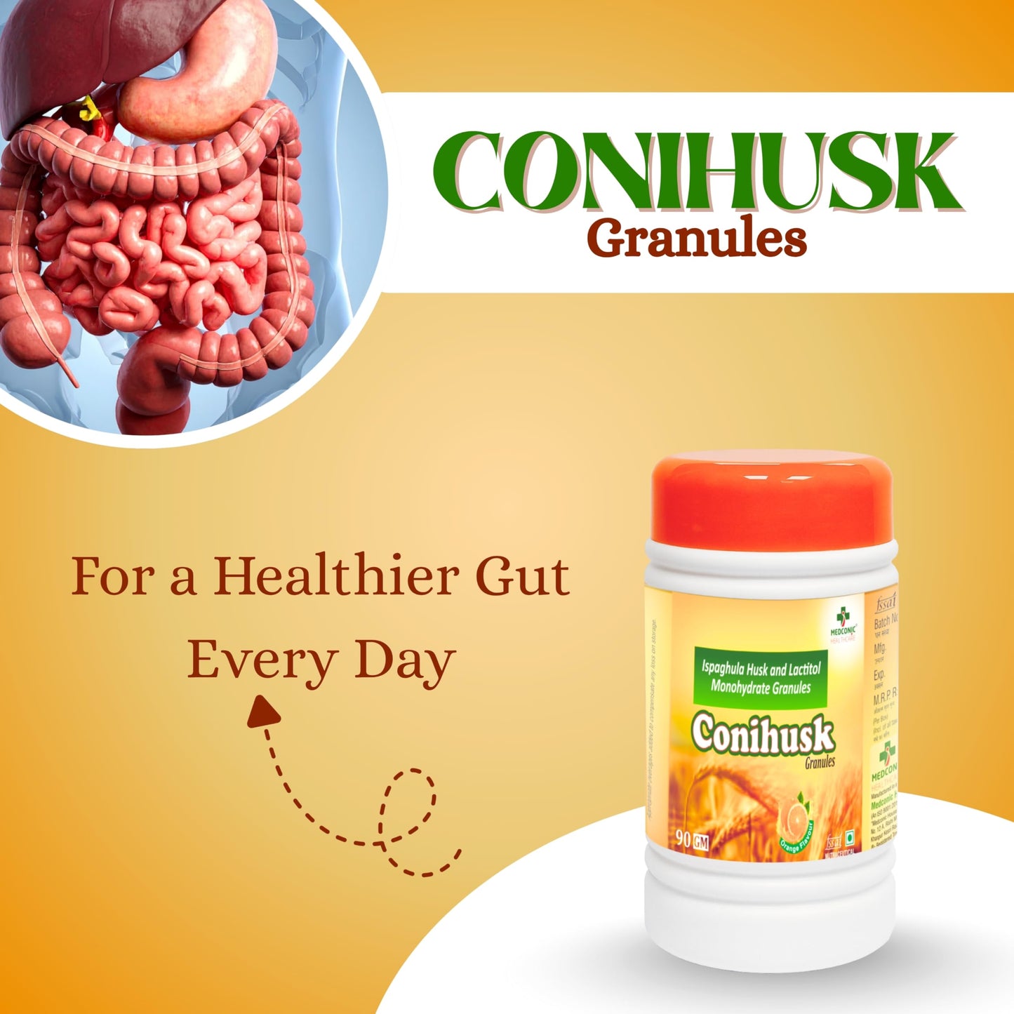 Medconic Healthcare Conihusk Granules – Natural Digestive Fiber with Ispaghula Husk & Lactitol Monohydrate, Supports Healthy Bowel Movements, 90 GM