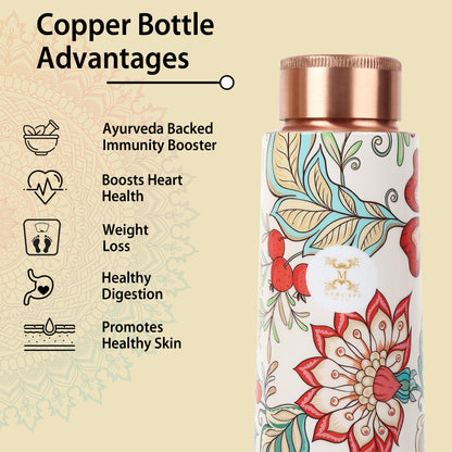 MERCAPE® - Flower Print Pure Copper Water Bottle with 2 Glass | Leak Proof, Durable & Rust Proof | Non-Toxic & BPA Free Steel Bottles | Printed Tamba Bottle (900 ml - 2x 300 ml)