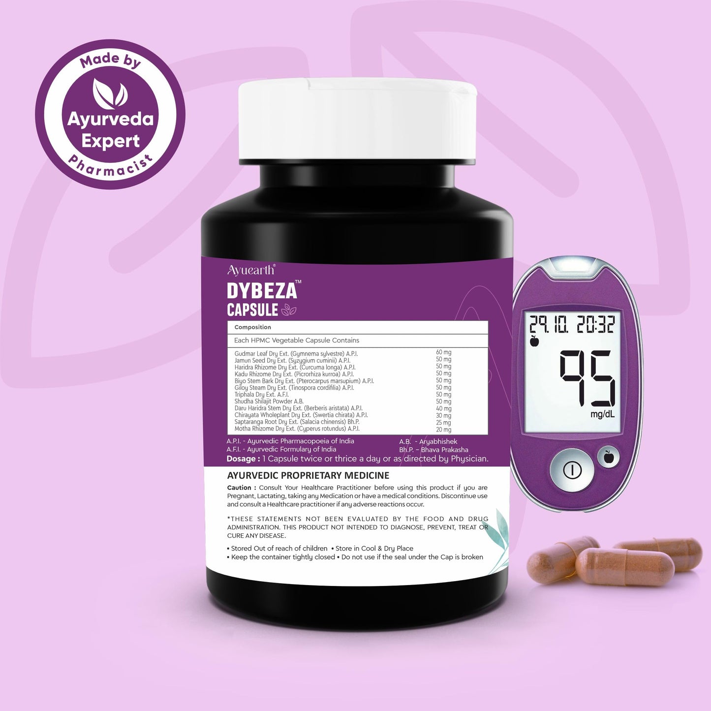 Ayuearth Dybeza | Diabetes Care Capsule | Diabetes Care Capsule Ayurvedic | Helps Control Blood Sugar Levels | Blood Sugar Control Tablets | 60 Veg Capsules