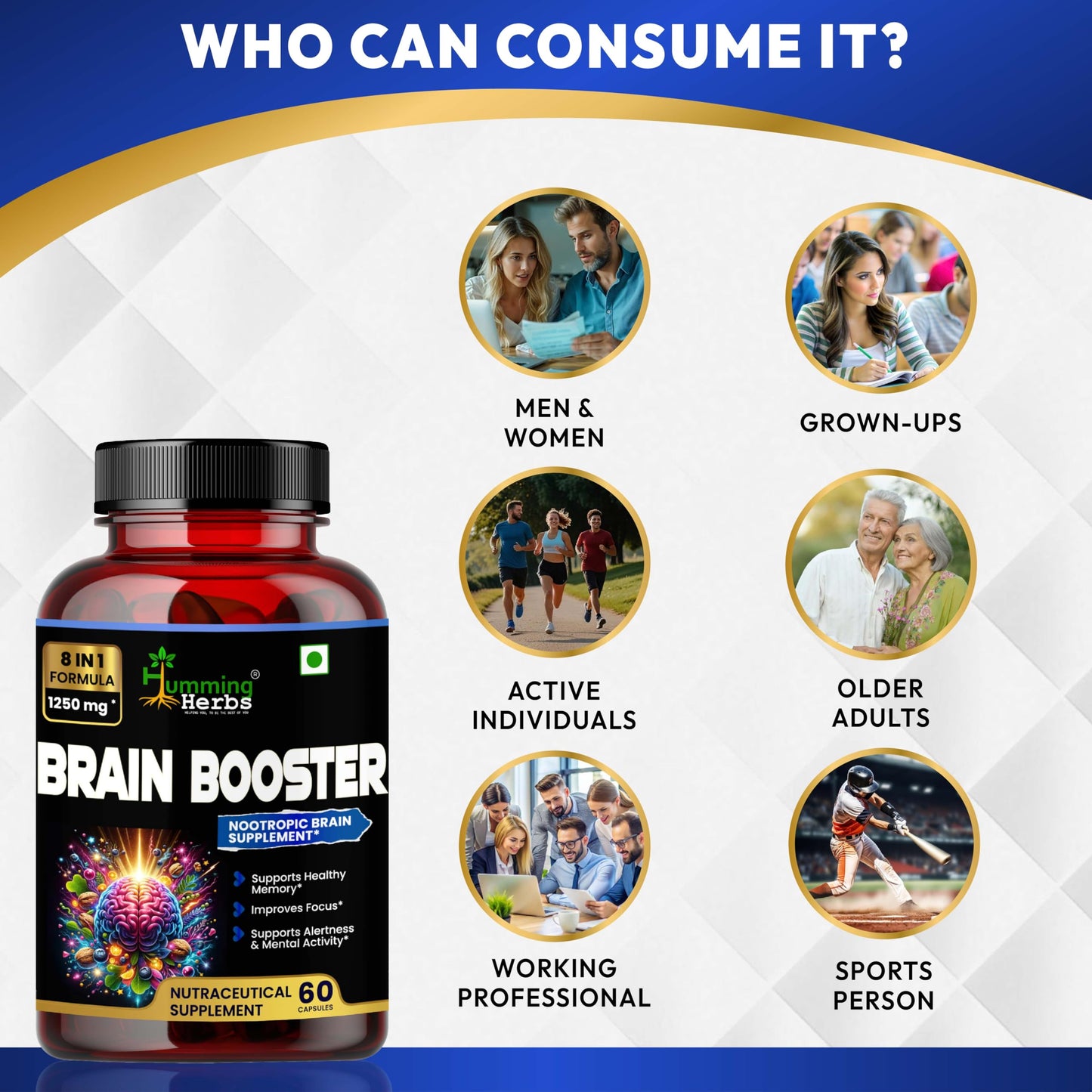 Humming Herbs Brain Booster | Nootropic Brain Supplement for Memory, Focus, & Mental Clarity - 8 in 1 Formula with GABA, Bacopa, Lion's Mane