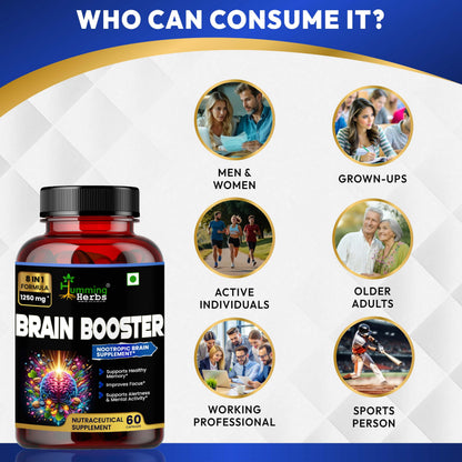 Humming Herbs Brain Booster | Nootropic Brain Supplement for Memory, Focus, & Mental Clarity - 8 in 1 Formula with GABA, Bacopa, Lion's Mane