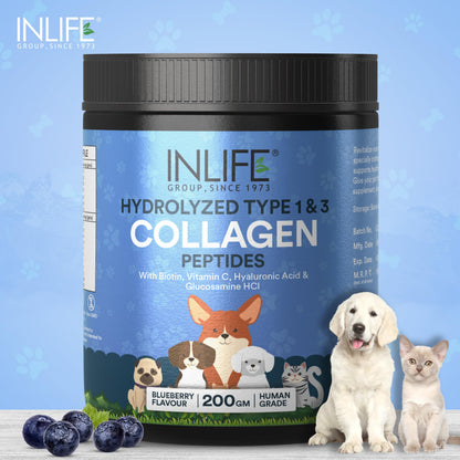 INLIFE Collagen for Dogs & Cats | Hydrolysed Collagen Powder | Clinically Proven Ingredient with Biotin, Vitamin C, Hyaluronic Acid & Glucosamine | Pet Supplement (Blueberry)