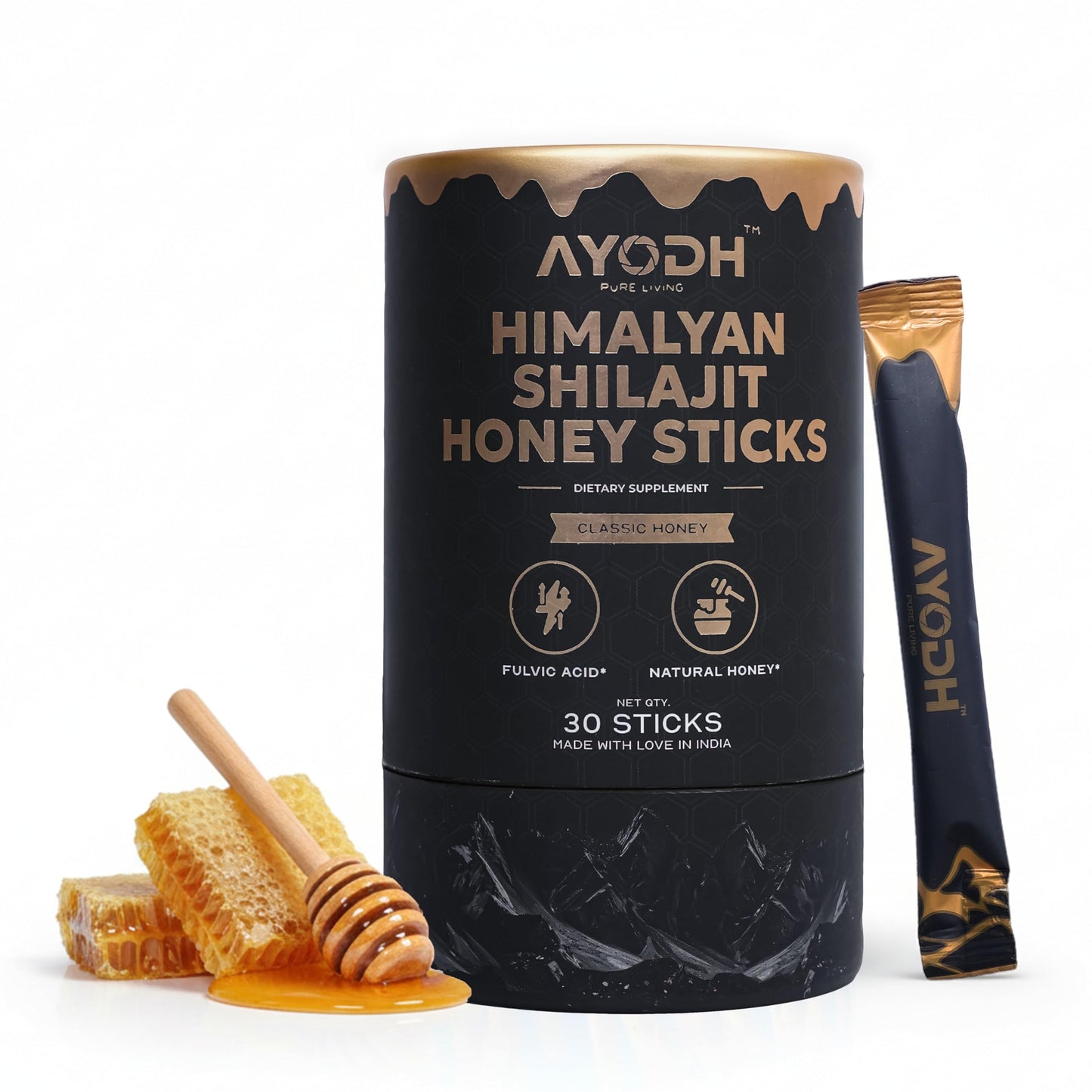 AYODH Shilajit Honey Sticks 30 Count | Pure Himalayan Classic Supplement | Supports Energy Vitality | Rich in Fulvic Acid Natural Honey | Pack of 2