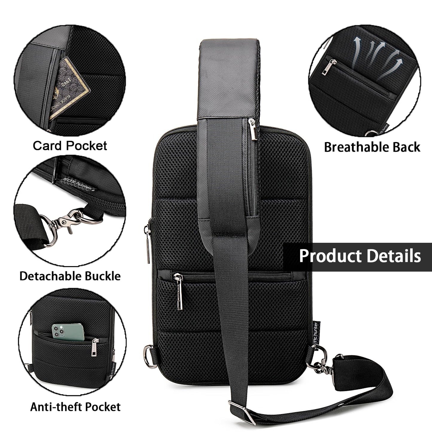 Arctic Hunter Expandable Sling Bag for Men Crossbody Slim 8L Sling Backpack Multi-pocket for Travel Chest Bag with 10.9" iPad Pocket Water-resistant One Side Shoulder Passport Bag for Office,Black