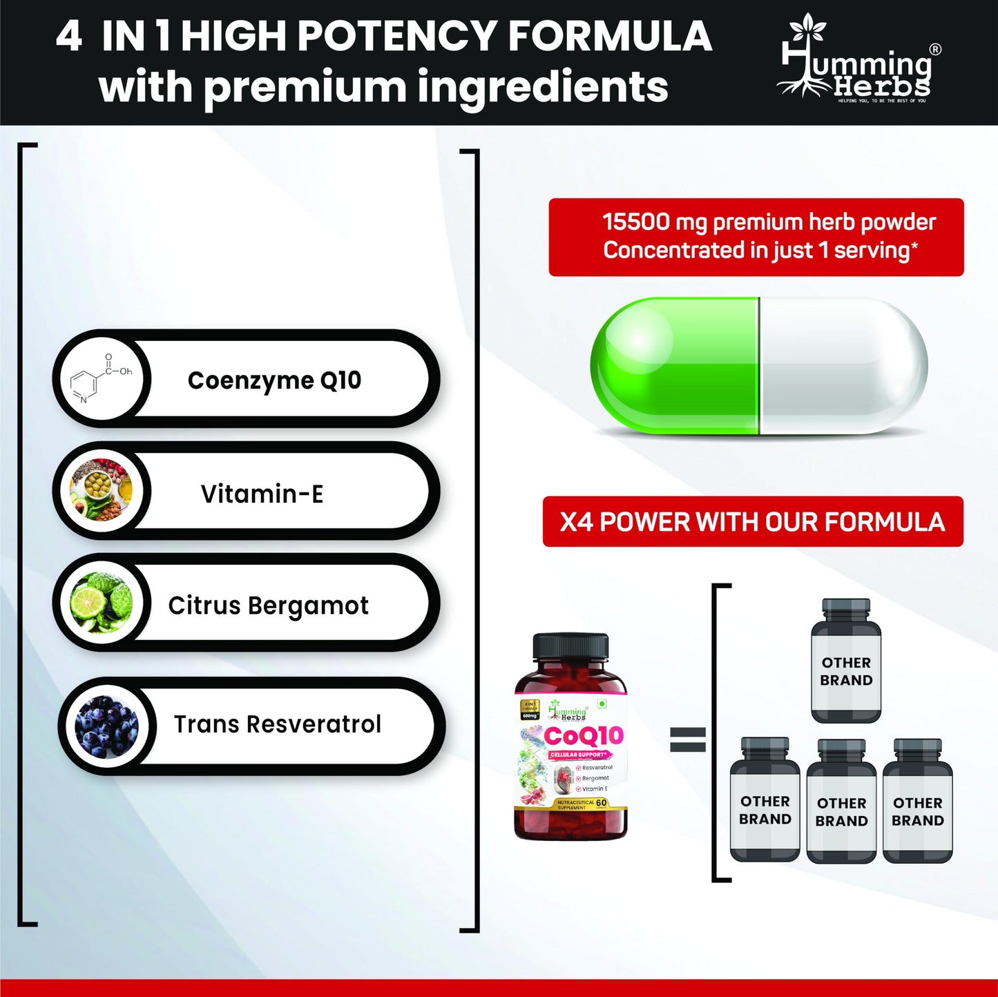 Humming Herbs CoQ10 600mg Cellular Support Supplement with Resveratrol, Bergamot & Vitamin E - Heart Health & Energy Booster - Antioxidan 60 Caps
