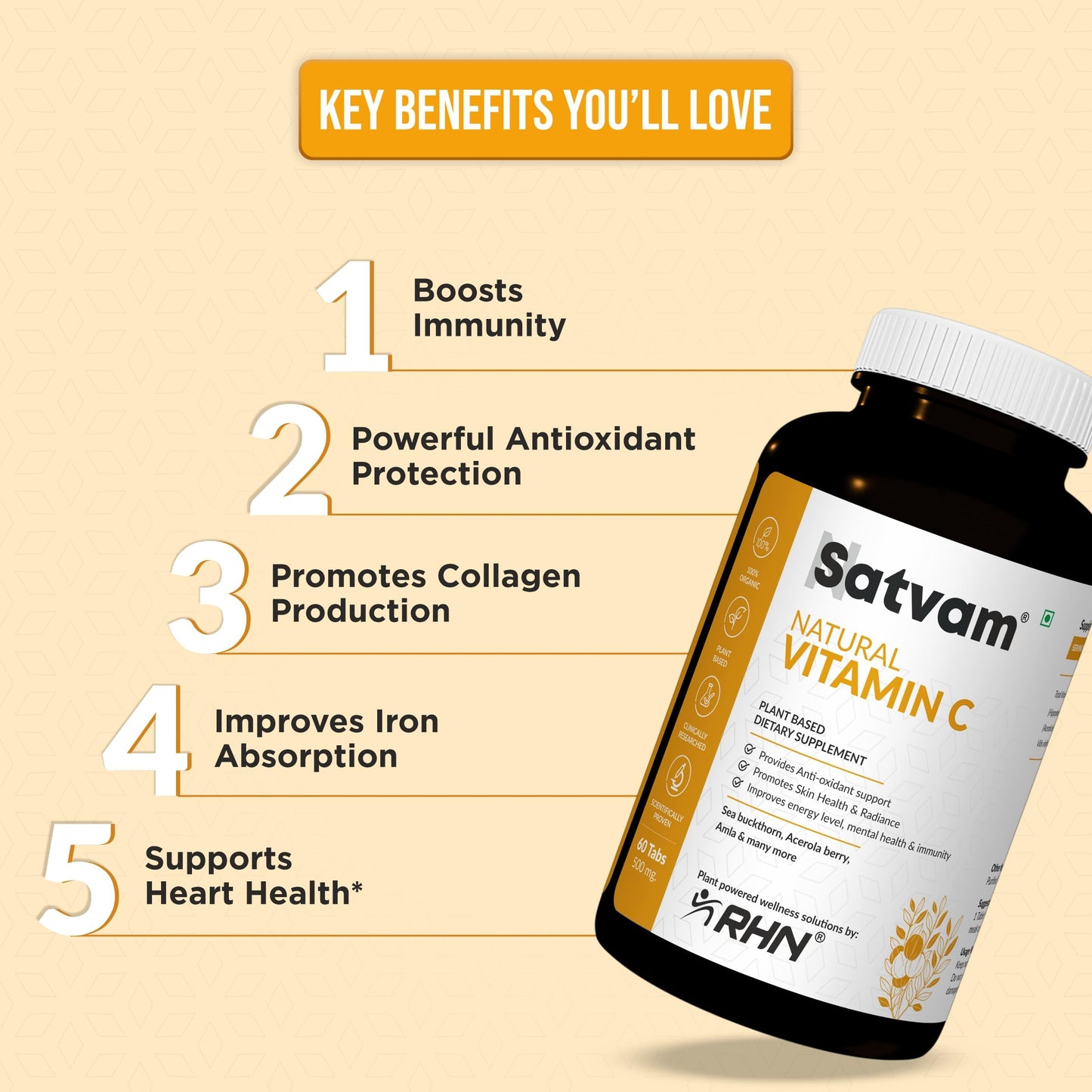 SATVAM Natural Vitamin C Tablets – 100% Organic, Plant Based, Antioxidant, Supports Immunity & Skin Health – 60 Tablets x 500mg, With Rose Hip, Sea Buckthorn, Acerola Berry, Amla – FSSAI Licensed