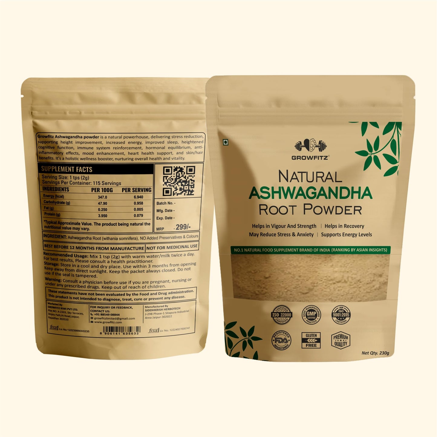 Growfitz 100% Organic Ashwagandha Powder 230g | Withania Somnifera | Energy Boost, Anxiety & Stress Relief, Height Improvement, Immunity System | ISO Certified | Vegan, Gluten-Free | Pack of 1