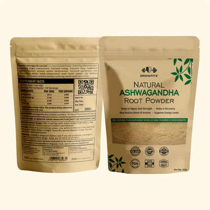 Growfitz 100% Organic Ashwagandha Powder 230g | Withania Somnifera | Energy Boost, Anxiety & Stress Relief, Height Improvement, Immunity System | ISO Certified | Vegan, Gluten-Free | Pack of 1