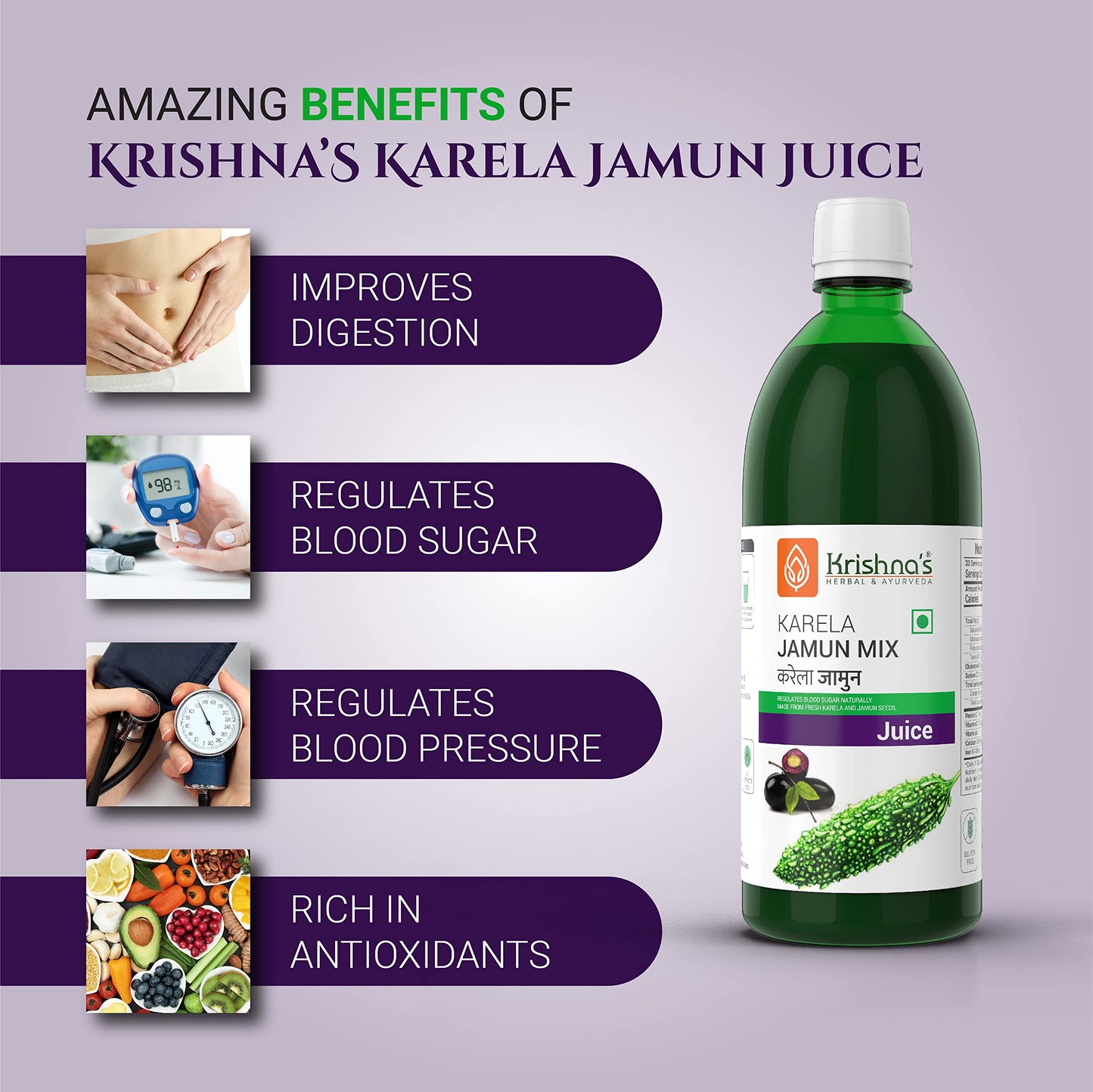 Krishna's Karela Jamun Mix Juice - 1000 ml | Enriched with Vitamin C - Vitamin A| Sugar free Juice with No Added Color or Flavour - (Pack of 2)