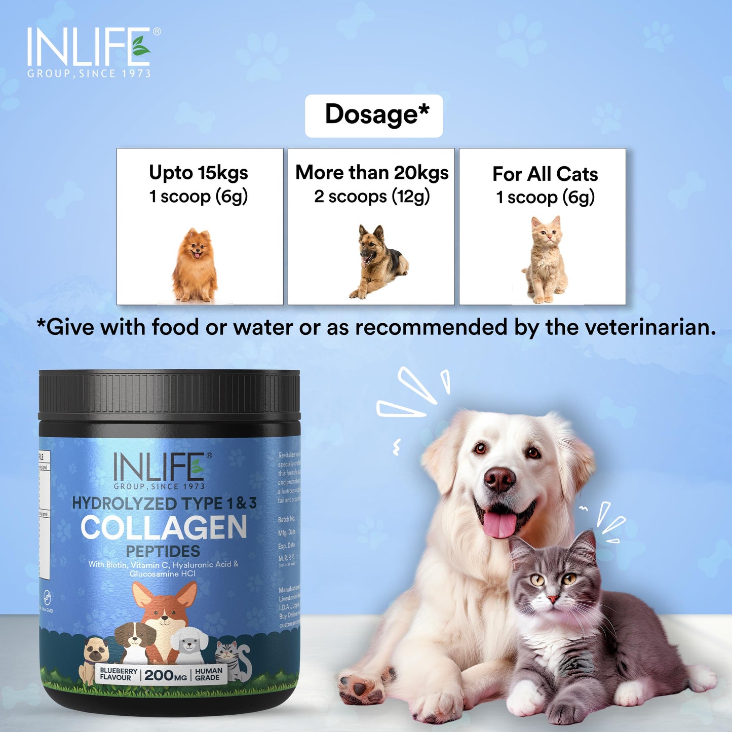 INLIFE Collagen for Dogs & Cats | Hydrolysed Collagen Powder | Clinically Proven Ingredient with Biotin, Vitamin C, Hyaluronic Acid & Glucosamine | Pet Supplement (Blueberry)