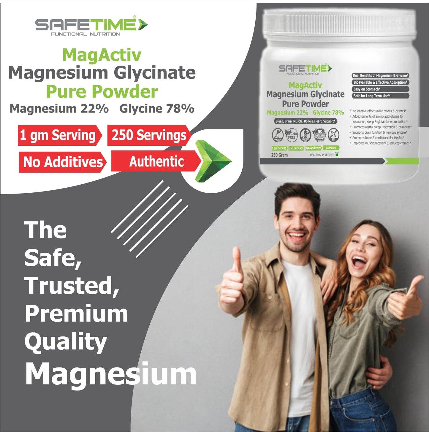 Safetime MagActiv MAGNESIUM GLYCINATE PURE POWDER 250 GRAM, 22% Magnesium 78% lLycine, Heart, Sleep, Bone,Metabolism, Migraine, Relaxation, Stress Support (250 gram) (Pack of 2)